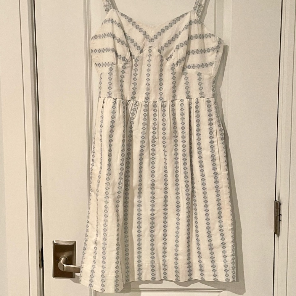 White Spaghetti Strap Dress with Blue Pattern Size 2 JCREW